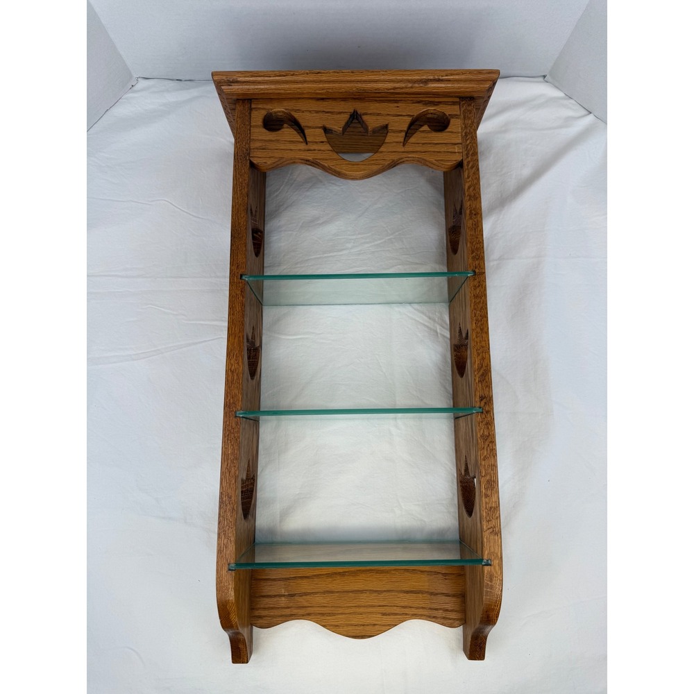 Vintage Solid Oak Wall Display Shelf Tulip Cutouts Glass Shelves Wood Cabinet